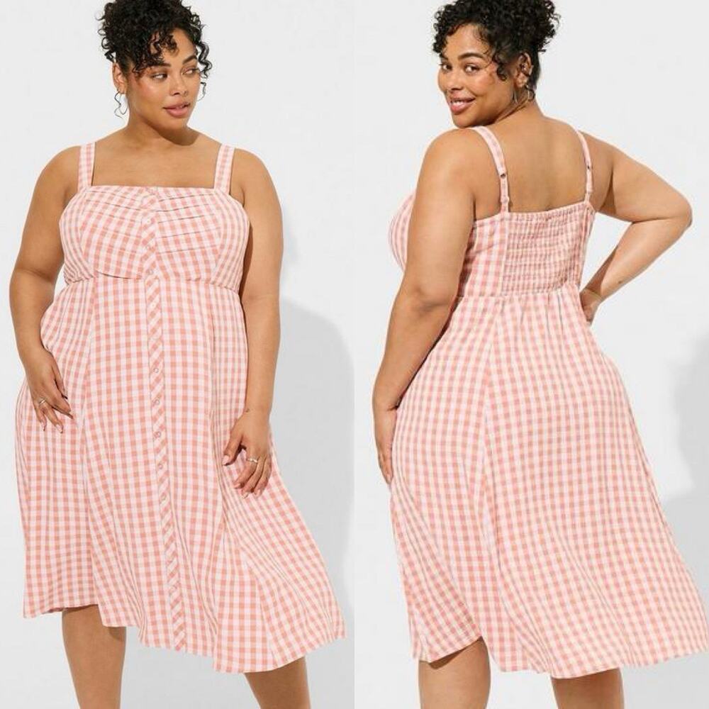 Torrid Gingham Seersucker Midi Sun Dress Peachy Pink Button Front Size 1